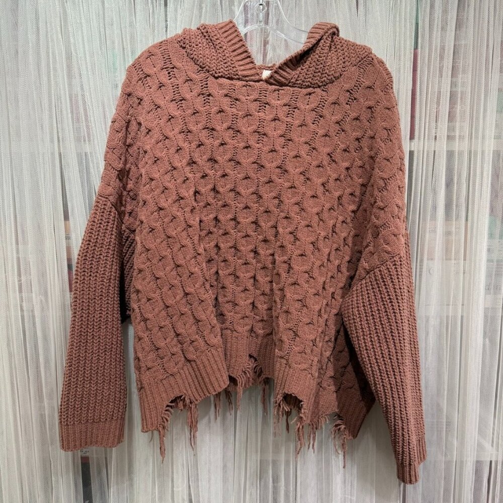 BKE Women’s Large Hooded Chenille Sweater Distressed Hem Textured Knit Cozy
